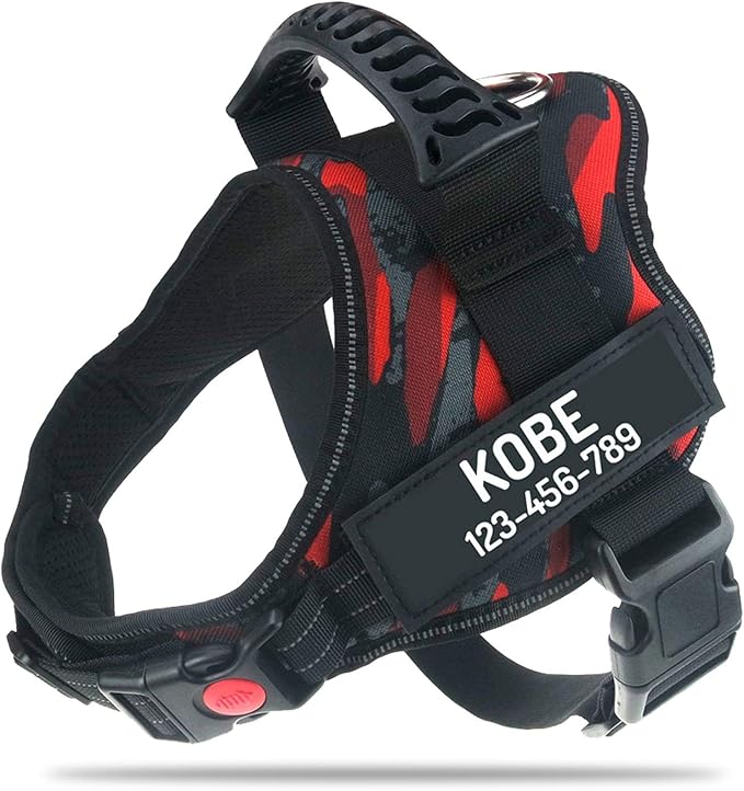 Personalized No Pull Dog Harness with Custom Name and Phone Number by PawPawify, Heavy Duty Pet Vest to Prevent Tugging, Pulling, or Choking, Training and Walking Red Camo