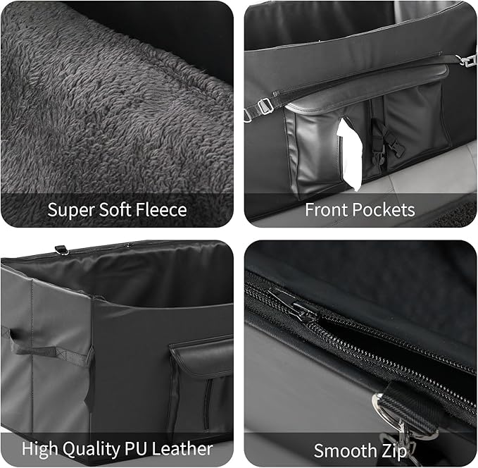 Black Dog Booster Seat for 2 Small Dogs or Medium Dog – Upgraded PU Leather Waterproof Anti-Odour Car Seat with 2 Safety Belts, 2-Sided Cushion & Storage Pockets