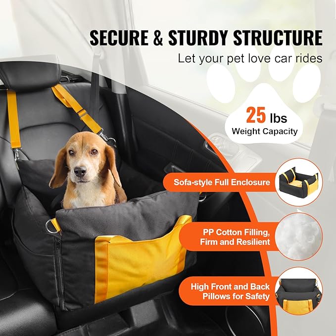 Happybuy Dog Car Seat, Waterproof Dog Booster Seat for Car with Side Handles and A Storage Pocket, Clip-On Safety Leash and PP Cotton Filling, Dog Car Bed for Small Dog up to 25lbs, Black