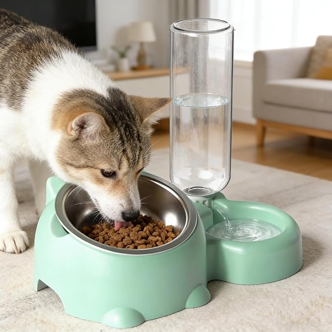 Cat Food and Water Bowl Set, Automatic Dog Dish Bowl with Water Dispenser, Removable Drinking and Eating Bowls, No-Spill Pet Feeder for Puppy, Medium Dogs & Cats (Purple)