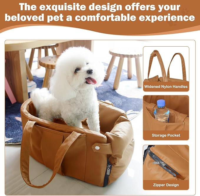 Portable Small Dog Seat for Car, Luxury Leather Center Console Dog Car Seat Booster with Safety Tethers, Anti-Collapse Pet Travel Carseat for SUV, Truck