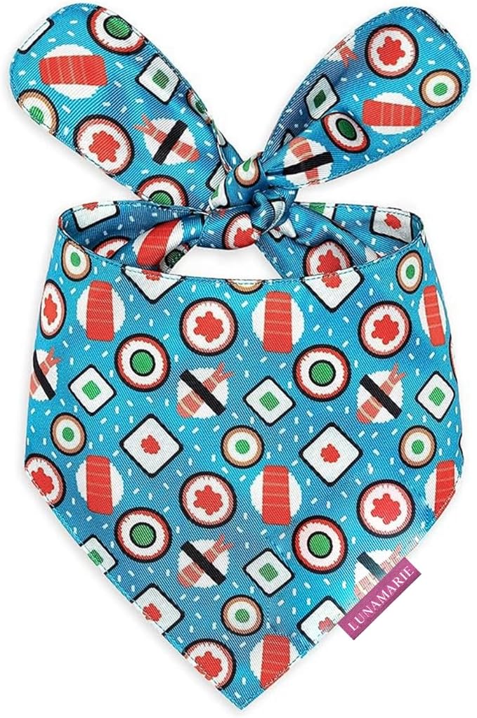 LunaMarie - Luxury Pet Birthday Bandanas -Premium & Silky Poly Fabric | 100% Handmade | Custom Shape Dual Layered (Sushi, Small)