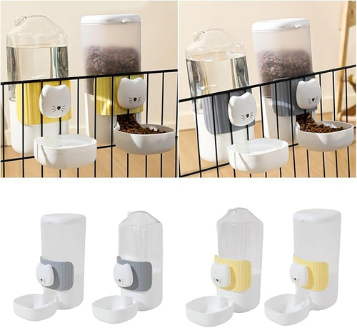 2Pieces Auto Dog Feeder with Cartoon Face Hanging Mount Food Water Bowl Easy Maintenance for Kittens & Puppies Cage Mounted Automatic Feeder