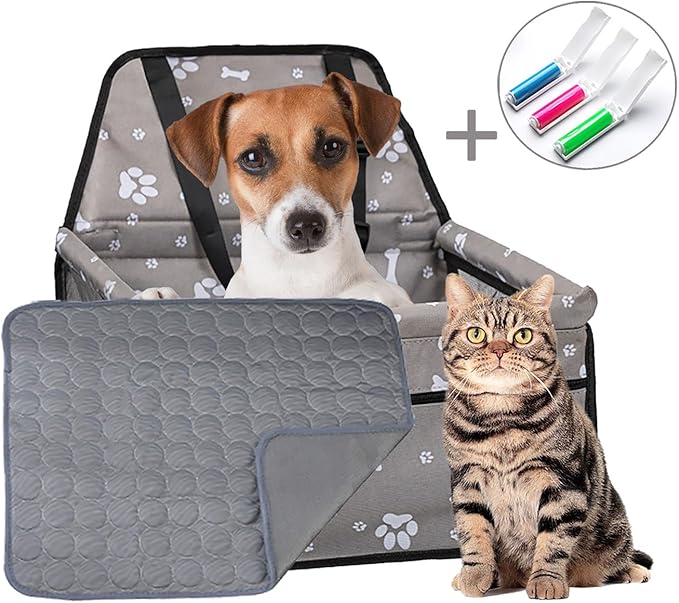 Dog Car Seat,Pet Booster Seat,Pet Travel Bed for Medium Dogs Small Dogs Under 25 with Pet Hair Brush and Cooling Pad (Grey)