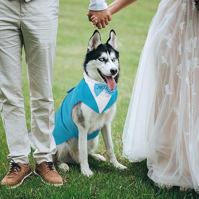 Kuoser Dog Tuxedo for Small Dogs, Pet Wedding Outfit with Bow Tie, Dog Suit and Bandana Set Formal Dogs Tux Pet Costume Halloween Christmas Outfit for Birthday Party Cosplay