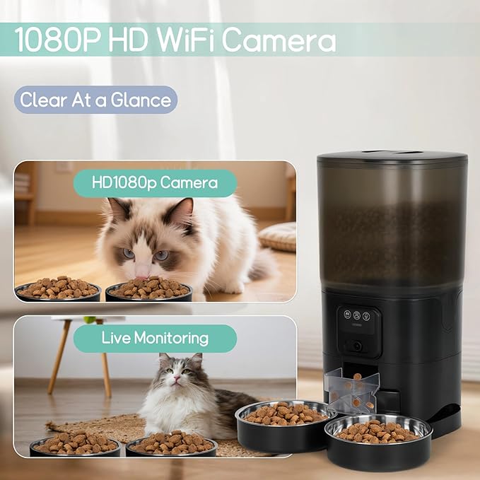 Automatic Cat Feeder with Camera, 7 Litre Dual Bowl Automatic Dog Feeder with HD Video and Night Vision, 2.4G WiFi ，SD Card Storage and Two-Way Audio