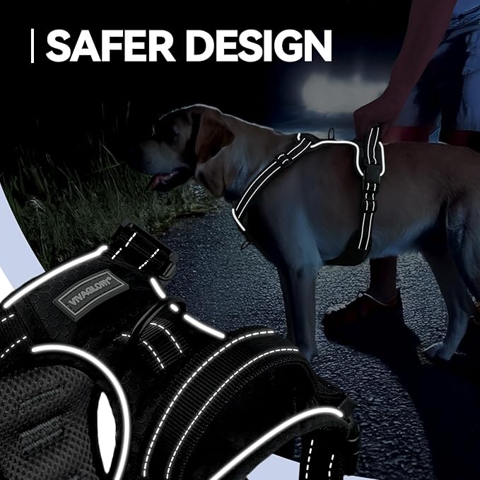 VIVAGLORY Dog Harness Easewalk No Pull Dog Harness with Handle Front Clip & Back Clip for Training Walking Lifting, No Pull Adjustable Easy On Padded Comfortable for Pet, M, Black - Patterned