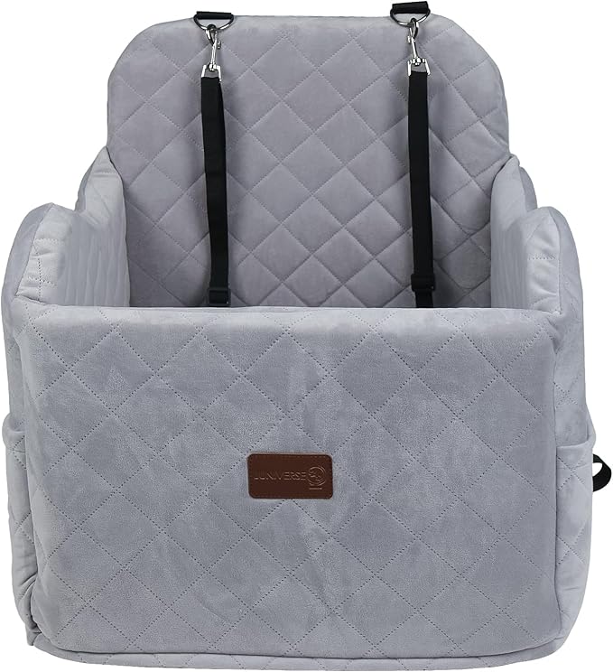 Juniverse Dog Booster Car Seat for Small to Medium Dogs Up to 30 lbs, Memory Foam, Washable Velvet Fabric Cover, Safety Leash, Storage Pockets, 19x19x19 Inches (Gray)