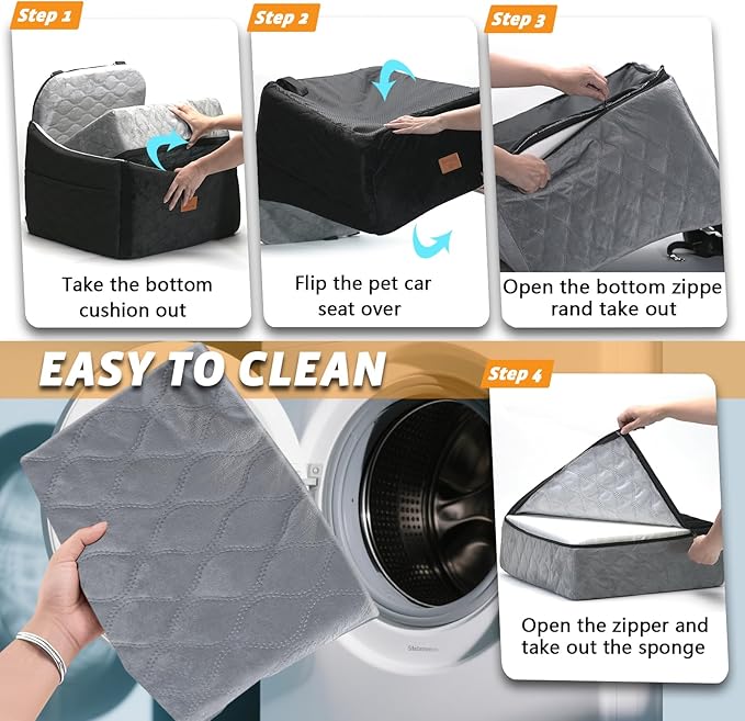 Dog Car Seat for Small/Medium Dog/Cat up to 30 lbs Memory Foam Pet Booster Seat with Detachable Washable Cover Travel-Safe Car Bed with Safety Belt/Storage Pockets Easy to Install