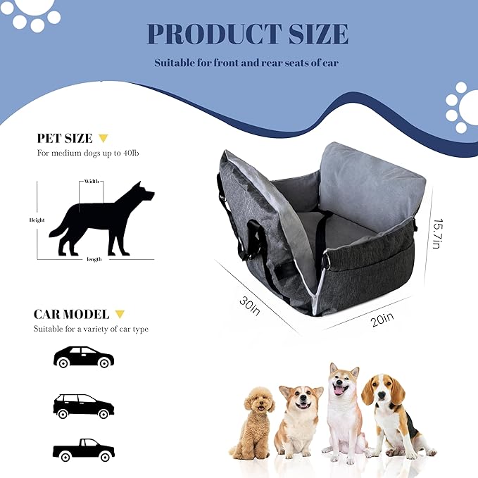 Daneey Dog Car Seat for Medium Dogs, Dog Booster Seat for Car, Fully Detachable Washable Dog Car Bed for Car Travel, Non-slip Safety Pet Car Seat with Seat Belt, Gray