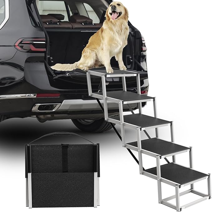 Dog Stairs for Large Dogs - 5 Step Wide 16in High 34in Foldable Dog Ramp for Car Non-Slip Surface Support up to 230lbs - Suitable for SUV,Truck, Sofas, Bed