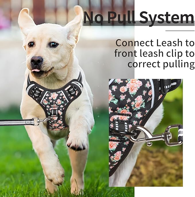 HEELE Dog Harness, No Pull Adjustable Padded Reflective Harness for Small Medium Large Dogs with Handle for Walking Training, Flower-Black, L