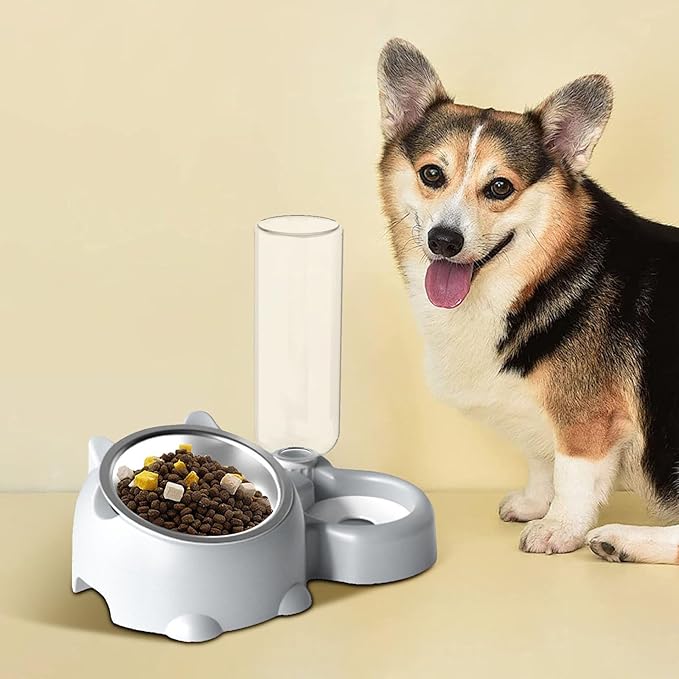 Cat Food and Water Bowl Set, Automatic Dog Dish Bowl with Water Dispenser, Removable Drinking and Eating Bowls, No-Spill Pet Feeder for Puppy, Medium Dogs & Cats (Grey)