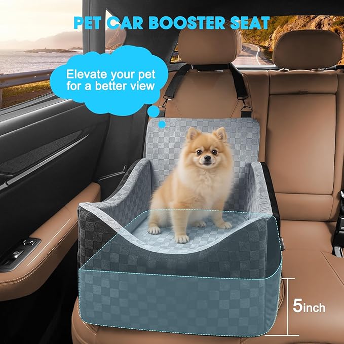 Elevated Dog Car Booster Seat for Smal/Medium Dogs, up to 35 lbs, with Memory Foam, Safety Belts, Detachable Washable Cover and Storage Pockets, Portable Travel-Safe Pet Bed, Gray