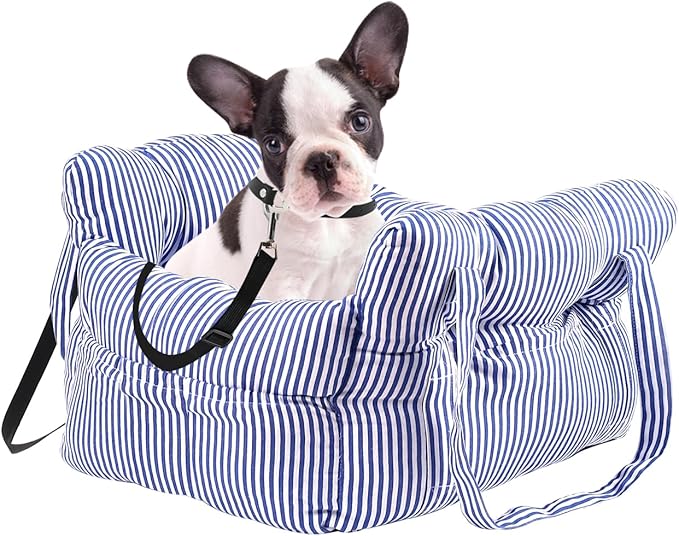 Small Dog Car Seat Up to 15lbs - Pet Travel Bed Booster with Storage, Safety Tether, Anti-Slip Bottom for Cars(Blue)