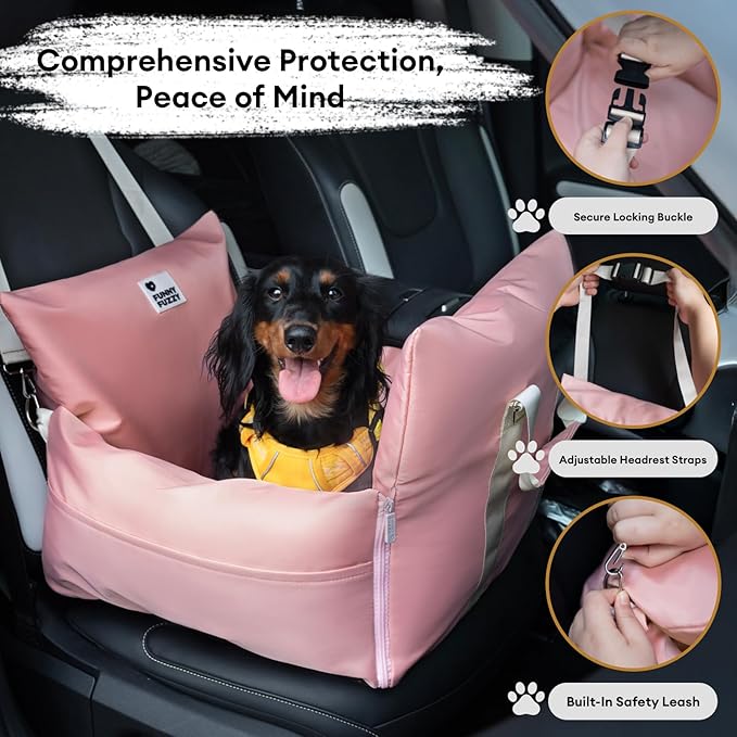FUNNY FUZZY Dog Car Booster Seat for Small/Medium Dogs up to 25lbs – Waterproof, Non-Slip Base, Safety Leash & Fully Washable Design for Safe and Comfortable Travel (Pink)