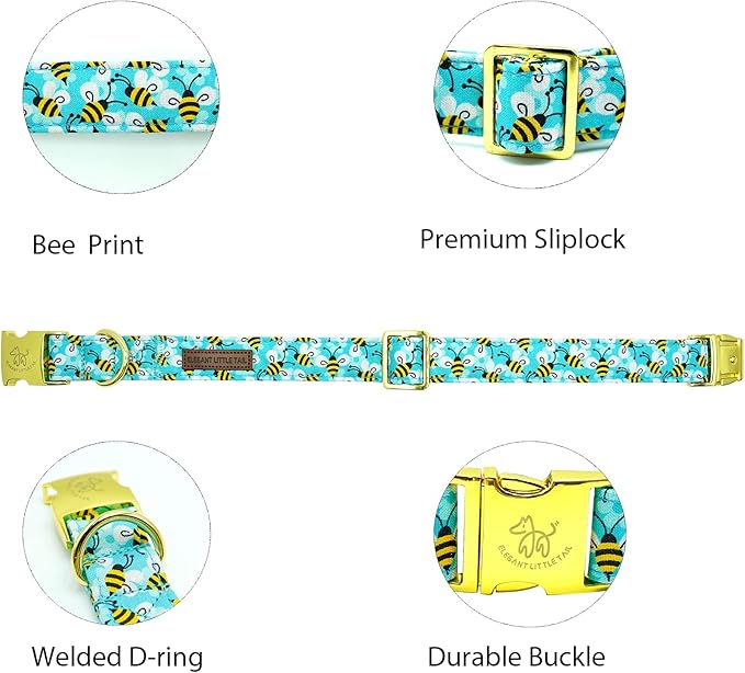 Elegant Little Tail Summer Pet Collar, Durable Bees Print Dog Collar, M, 1 Inch Width, 13.5 Inch Length, Cotton, Unique Design, Superior Durability, Perfect for Small, Medium, Large Dogs