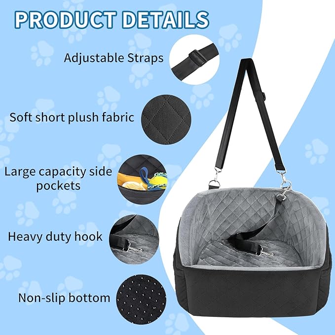 Suitable for Most Vehicles Dog Booster Car Seat for Small Dogs Up to 25-35 Lbs Fully Detachable Machine Washable Cover Adjustable Safety Straps & Leash Non-Slip Bottom with Storage Pockets（Dark Grey）