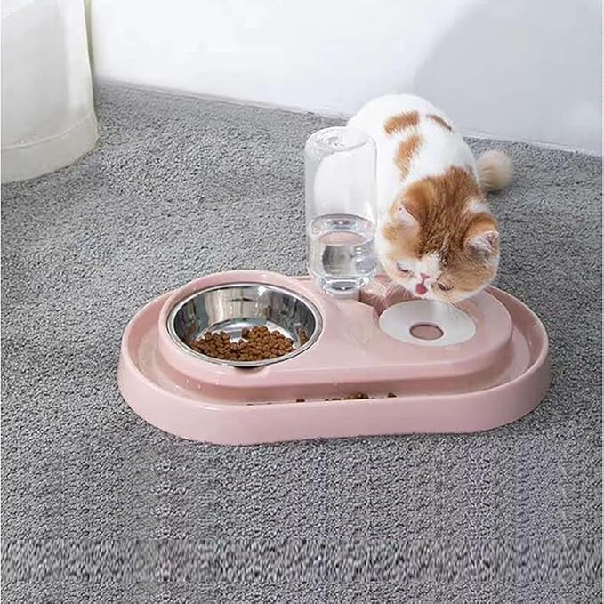 Double Dog Cat Bowls, Raised Pets Water and Food Bowl Set with Automatic Water Dispenser Bottle Detachable Stainless Steel Bowl No-Spill Pet Feeder for Small Medium Dogs and Cats Puppy Kitten Rabbit