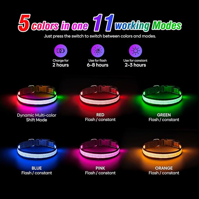 Multicolor Light Up Dog Collar, 5V Waterproof Led Dog Collar Rechargeable, 200 mAh Adjustable Glow in The Dark Dog Collars with 11 Light Modes for Small, Medium, Large Dogs Walk for Night (Large)