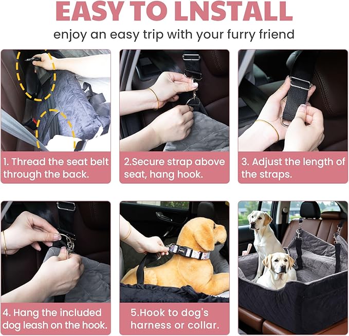 Dog Car Seat for Large/Medium Dogs, Dog Booster Seat for Under 55lbs or 2 Small Dogs, Non-Slip Removable and Washable Pet Car Seat,2 Safety Leashes, Travel Pet Bed, Black Flower