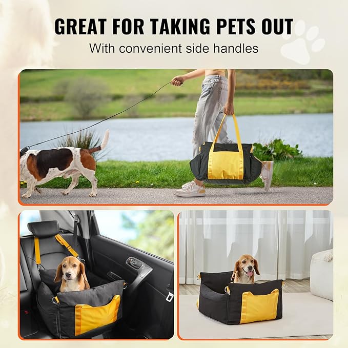 Happybuy Dog Car Seat, Waterproof Dog Booster Seat for Car with Side Handles and A Storage Pocket, Clip-On Safety Leash and PP Cotton Filling, Dog Car Bed for Small Dog up to 25lbs, Black