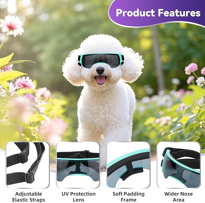 PETLESO Small Dog Goggles, Anti-UV Dog Sunglasses for Outdoor Driving Cycling Riding Hiking, Windproof Dustproof Snowproof Eye Protection, Pet Eye Wear with Adjustable Strap, Bule
