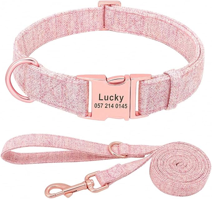 Fashion Personalized Dog Collar Custom Nylon Dog Collars Engraved Name ID Adjustable for Small Medium Large Dog Chihuahua Pink Collar Leash M