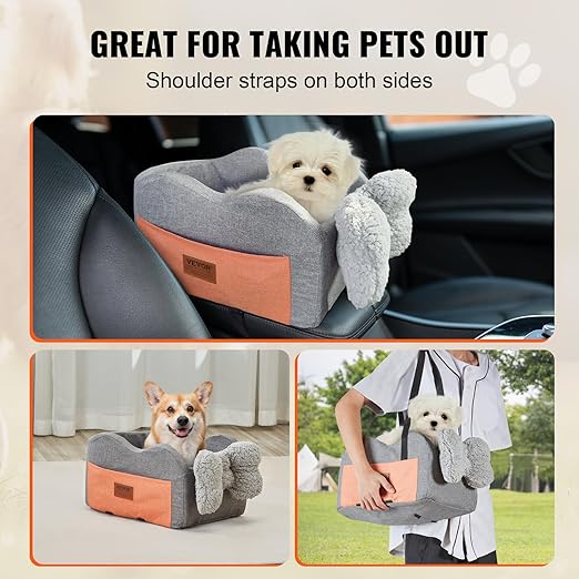 VEVOR Console Dog Car Seat, Center Console Dog Booster Seat for Small Dogs, Pet Seat for Car Armrest with Clip-On Leash, Adjustable Straps, Supports up to 8lbs, Dark Gray