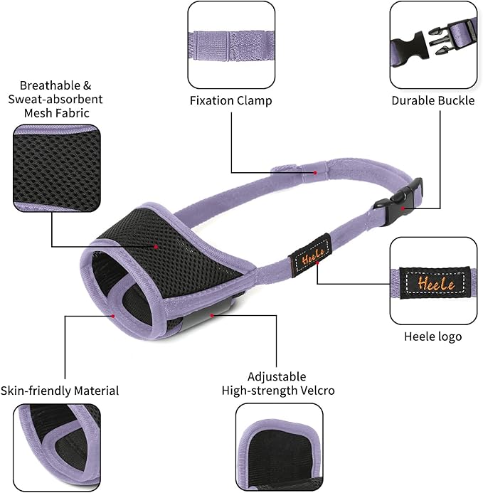 HEELE Dog Muzzle,Soft Nylon Muzzle Anti Biting Barking Chewing,Air Mesh Breathable Drinkable Adjustable Loop Pets Muzzle for Small Medium Large Dogs (Purple,L)