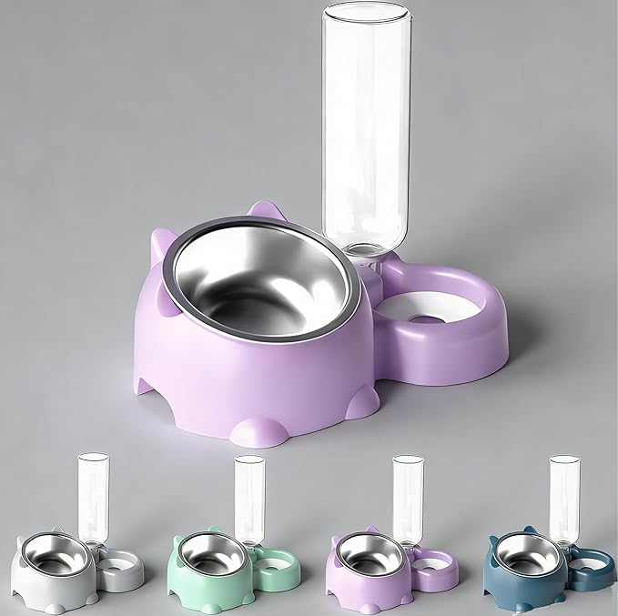 Cat Food and Water Bowl Set, Automatic Dog Dish Bowl with Water Dispenser, Removable Drinking and Eating Bowls, No-Spill Pet Feeder for Puppy, Medium Dogs & Cats (Purple)