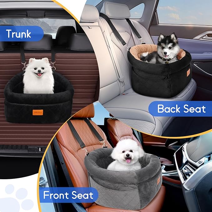 Cozy Dog Car Seat for Small Dogs Up to 30lbs, Elevated Memory Foam Booster Seat, Pet Travel Bed with Washable Removable Cover & Storage Pockets (Black)