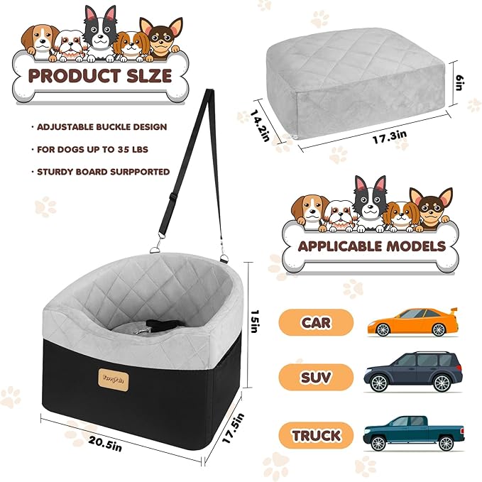Dog Car Seat for Small/Medium Dogs, Memory Foam Dog Booster Seat with Washable Removable Cover, Storage Pockets and Thick Cushion, Black Part is Waterproof and Abrasion-Resistant