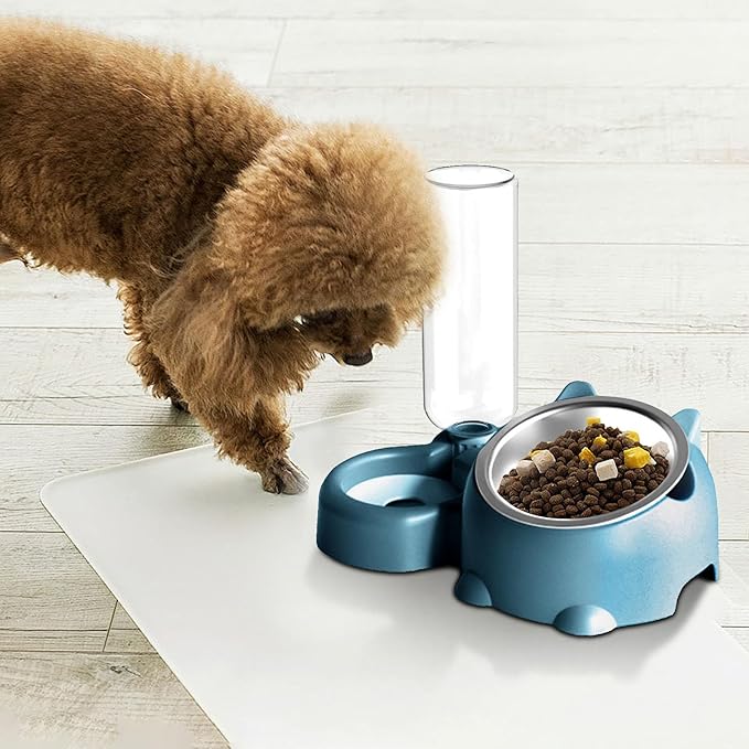 Cat Food and Water Bowl Set, Automatic Dog Dish Bowl with Water Dispenser, Removable Drinking and Eating Bowls, No-Spill Pet Feeder for Puppy, Medium Dogs & Cats (Blue)