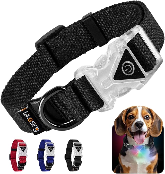 Small Light Up Dog Collar, Cotton Black Dog Collar Girl Boy, Lighted Dog Collars for Night, IP67 Waterproof Lighted Dog Collars for Small Dogs with Buckle, D-Ring (9.8"-15.7" L, 3/4" W)