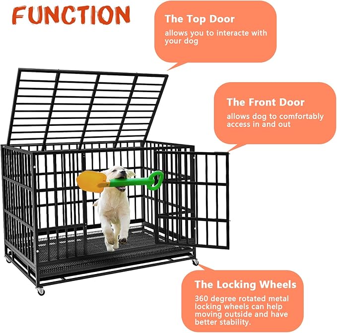 LEMBERI 48/42/38 Inch Heavy Duty Indestructible Dog Crate, Escape Proof Double Door Dog Kennel with Lockable Wheels, High Anxiety Extra Large Dog Cage Indoor Use, with Removable Tray