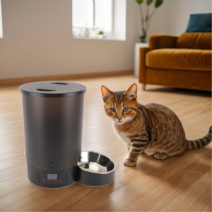 HEEPDD 3L Automatic Cat Feeder, Large Capacity Pet Food Dispenser Timed Dog Feeders with Stainless Steel Bowl Dual Power Supply for Pets Cats Dogs (Black Single Bowl)