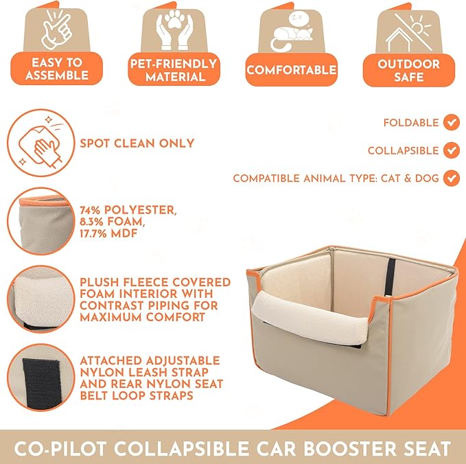 Collapsible Pet Booster Car Seat Box with Plush Fleece Cover, Cushion Insert and Foam Padded Panel - Foldable Carseat for Small Pet Dogs and Puppies Under 20 lbs, Grey