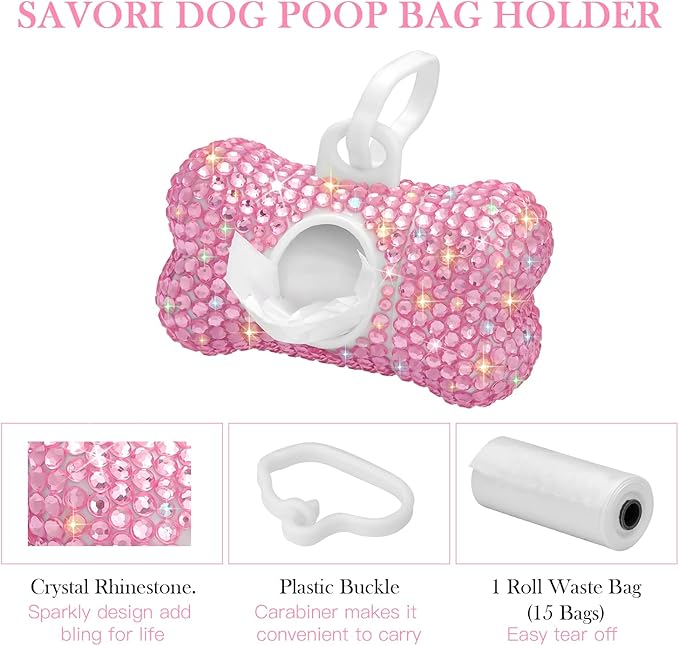 SAVORI Dog Poop Bag Holder Bling Crystal Dog Waste Bags Dispenser for Pet Dog Doggy with Carabiner Clip Includes 1 Roll 15 Bags (Pink)