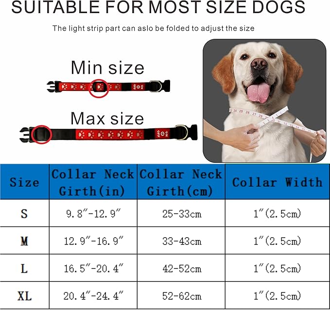 LED Dog Collar with Paw Print Design, 15 Light Modes, Waterproof, Includes Bone-Shaped Name Tag, Multiple Colors (PINK Pro, S(7.87-11.8"))