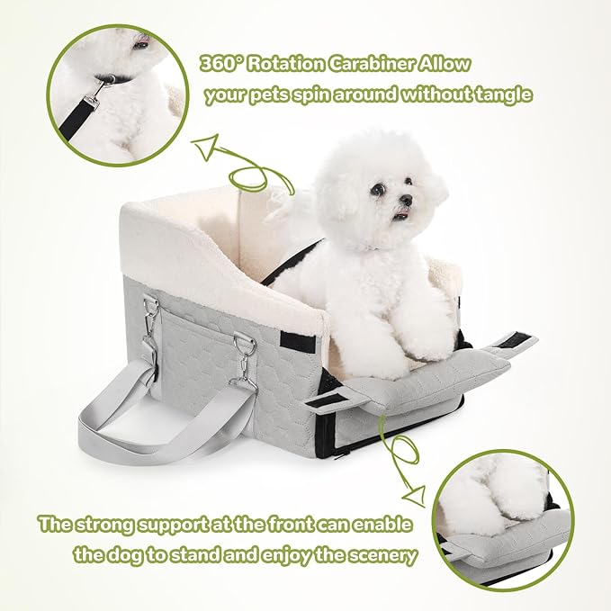 Center Console Dog Car Seat, Detachable Washable Dog Booster Seat, Adjustable Safety Belts and Built-in Leash Pet Carseat, Portable Puppy Travel Carrier with Cushion for Small Dogs Cats(Gray)