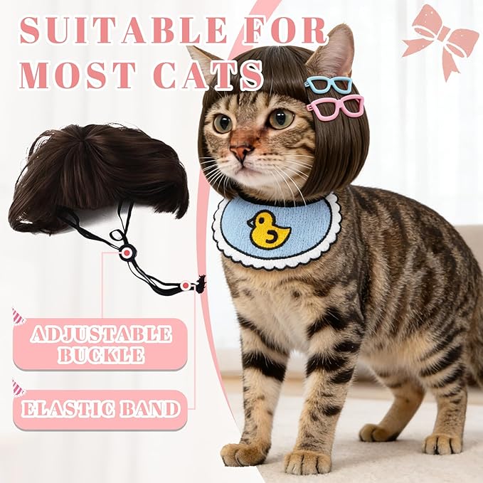 Funny Cat Bangs Bob Wig - with Ear Holes, Adjustable Elastic Band & Trimmable, Built-in Knitted Bandana & Bow Clip, Cat Cosplay Costume for Halloween Christmas Parties Festivals (Black)