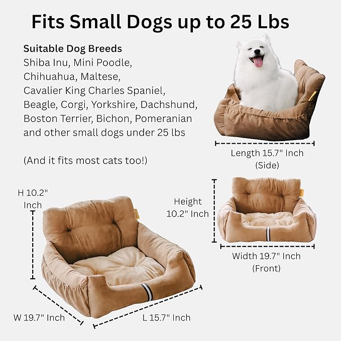 Futon Dog Car Bed for Small Dogs, Safety Seat Belt and Straps, Non-Slippery Bottom, Travel Bed, Elegant Design, Perfect for Dogs Under 25 Lbs