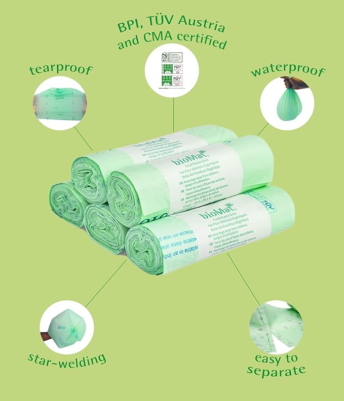bioMat 35 Gallon Compostable Trash Bags, 10 Count, Biodegradable Kitchen Food Scrap Waste Bags, BPI ASTM D6400 and CMA Certified Tall Kitchen Compost bags for Food Waste