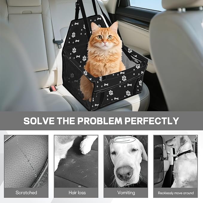 Wuyaoyao Pet Car Seat, Waterproof Breathable Oxford Cat Dog Car Booster Seat for Small Pets, Foldable Portable Vehicle Puppy Travel Basket with Seatbelt & Support Rod, for Pet Up to 22 lbs (Black)