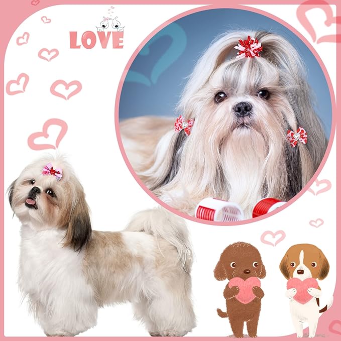 Weewooday 70 Pcs Dogs Hair Holiday Dog Bows Bowtie with Rubber Band Pet Hair Accessories Puppy Bowknot Topknot Pet Grooming Bow for Holiday Christmas Small Puppy Decor(Romantic Style)