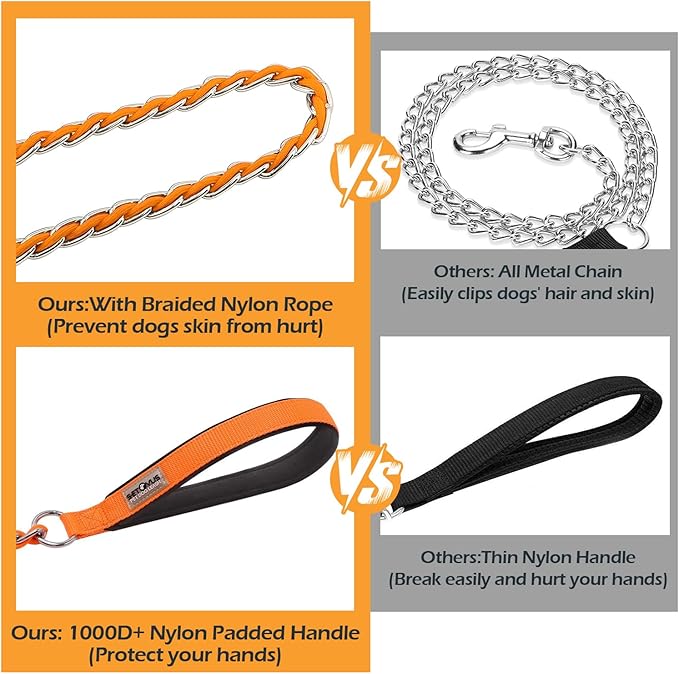 Chew Proof Metal Leash Chain Dog Leash for Medium Large Dogs, Chain Link Anti Chew 5FT Strong Anti Bite Comfortable Soft Padded Handle Orange