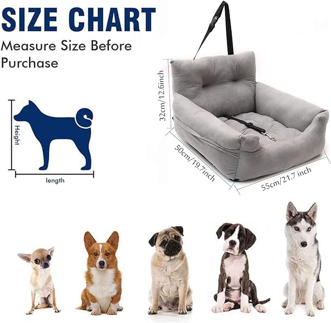 Dog Car Seat Puppy Booster Seat Travel Safety Carrier Bed with Storage Pocket Clip-On Safety Leash Non-Slip Base for Puppy, Small Pet with Removable Cushion, Easy to Clean