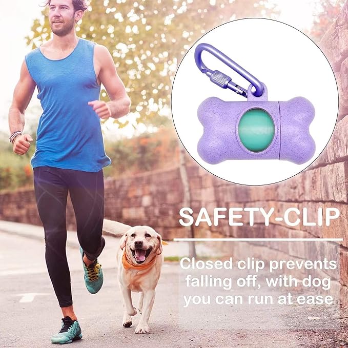 Dog Poop Pickup Bags Holder Dispenser with Standard-Sized Leak-Proof Scented Doggy Waste Bags and Carabiner Hook and Loop Fastener Never Loose on Leash Lead Again (1 Holder 15 Bags, Purple)
