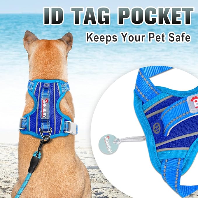 BARKBAY No Pull Dog Harness Large Reflective Dog Harness with Front Clip and Easy Control Handle for Walking Training Running with ID tag Pocket(Sapphire Blue & Blue,L)